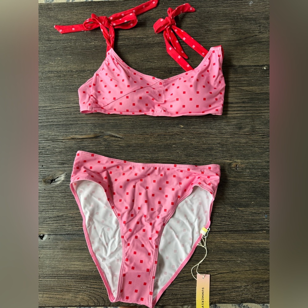 Summersalt Pink and Red Polka Dot Bikini Set with tie shoulders